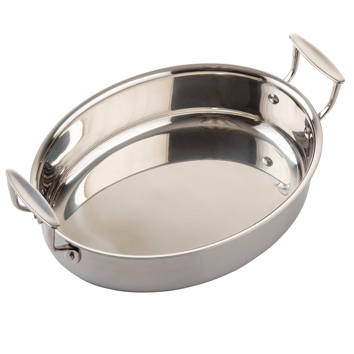 A shiny, oval-shaped stainless steel roasting pan with two sturdy handles on opposite sides. Oven safe, it features a polished reflective surface and smooth, rounded interior for roasting or baking. The pan sits on a white background.