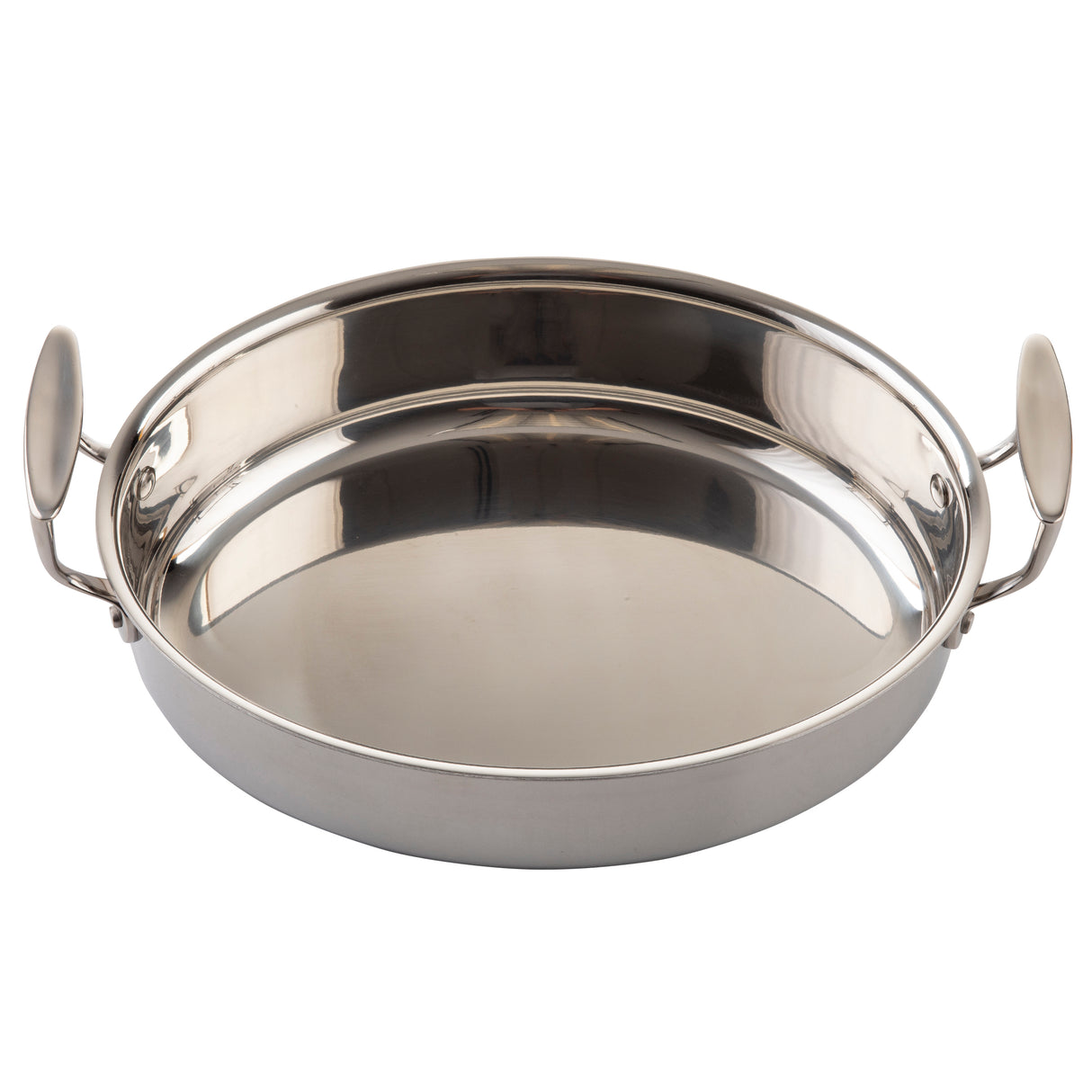 A shiny, round stainless steel pan server with two large, oval-shaped handles on opposite sides, shown on a white background. The high-sided, reflective pan is oven safe and ideal for cooking or serving food.