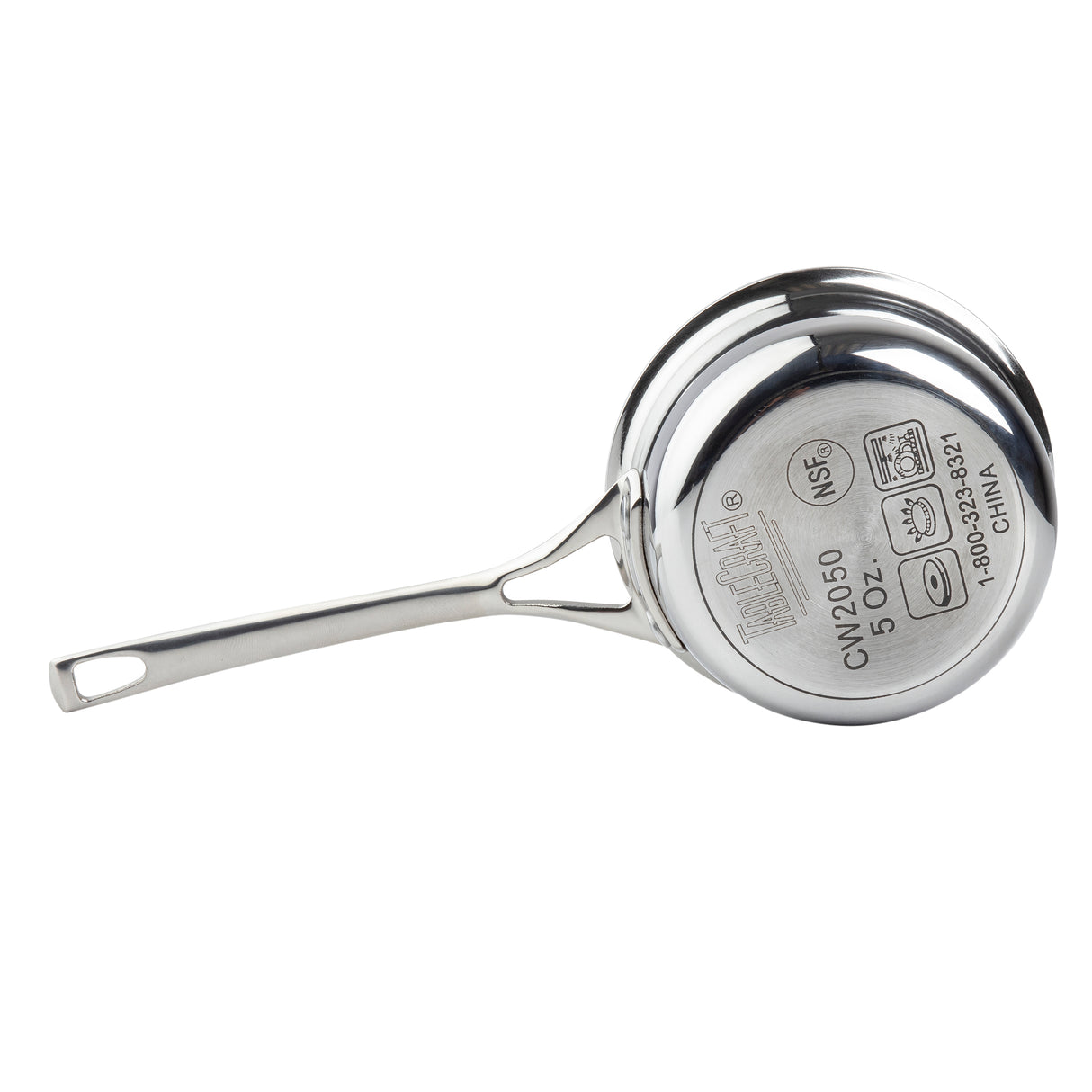 A stainless steel saucepan is shown upside down, displaying its shiny, round bottom with engraved markings about its size and care. The handle is long and sleek with a hole for hanging. This pan is also dishwasher safe. Background is plain white.