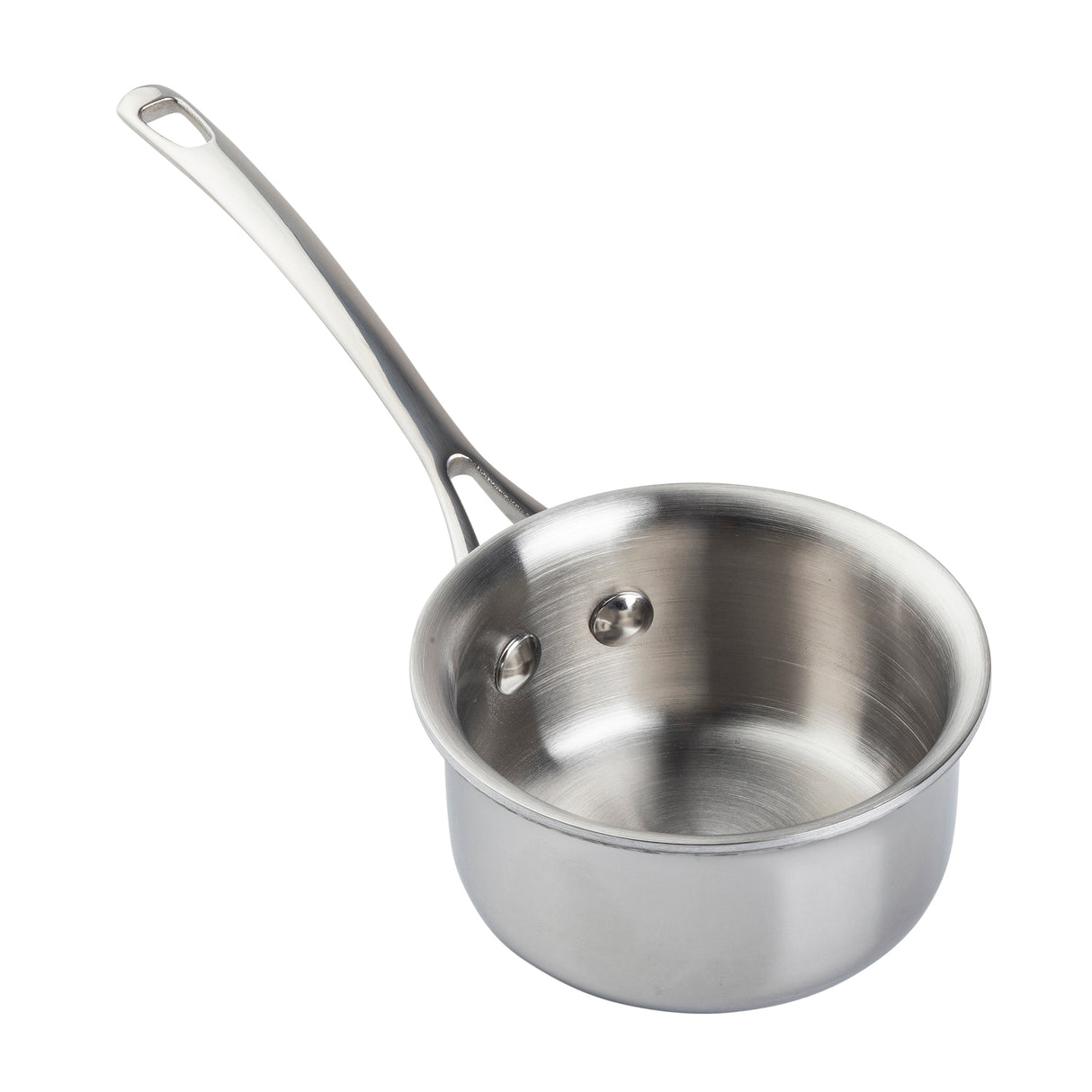 A shiny stainless steel saucepan with a long handle, perfect for mini casseroles. The pan is oven safe and dishwasher safe, with a clean, reflective interior. A hole at the end of the handle allows easy hanging against the plain white background.