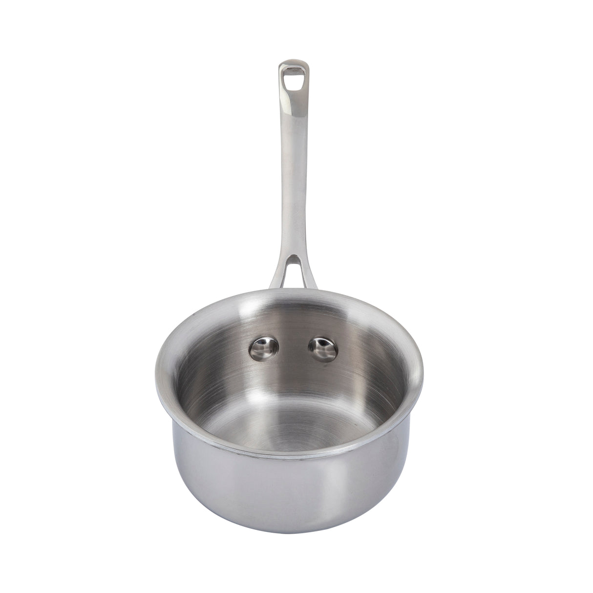 A stainless steel saucepan with a shiny finish and a long handle. The pan is oven safe and placed on a white background. Two rivets secure the handle, which has a hole at the end for hanging.