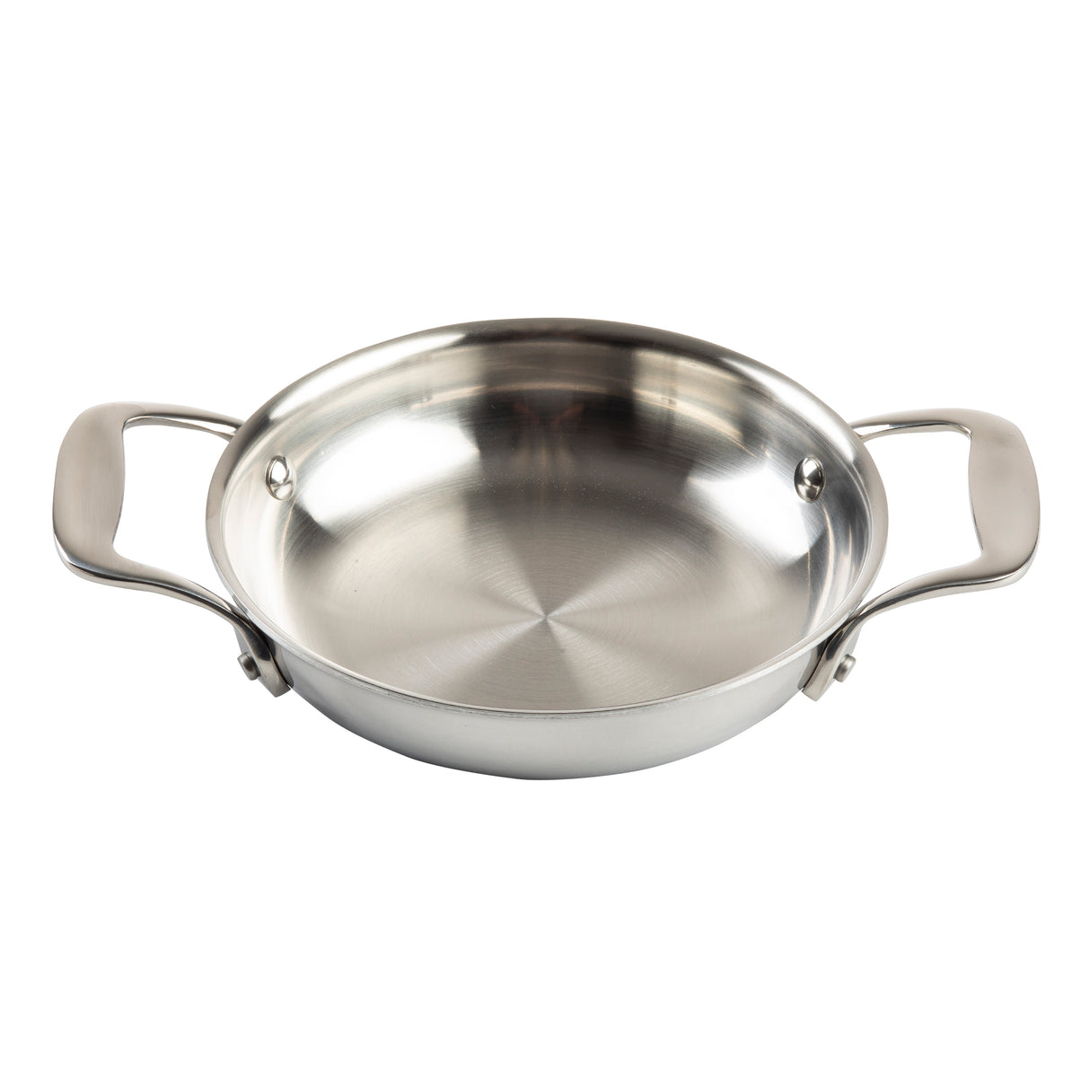 A round, silver stainless steel casserole pan with two wide, flat handles on either side, set against a white background. The oven safe casserole features a smooth, shiny surface and comes without a lid.