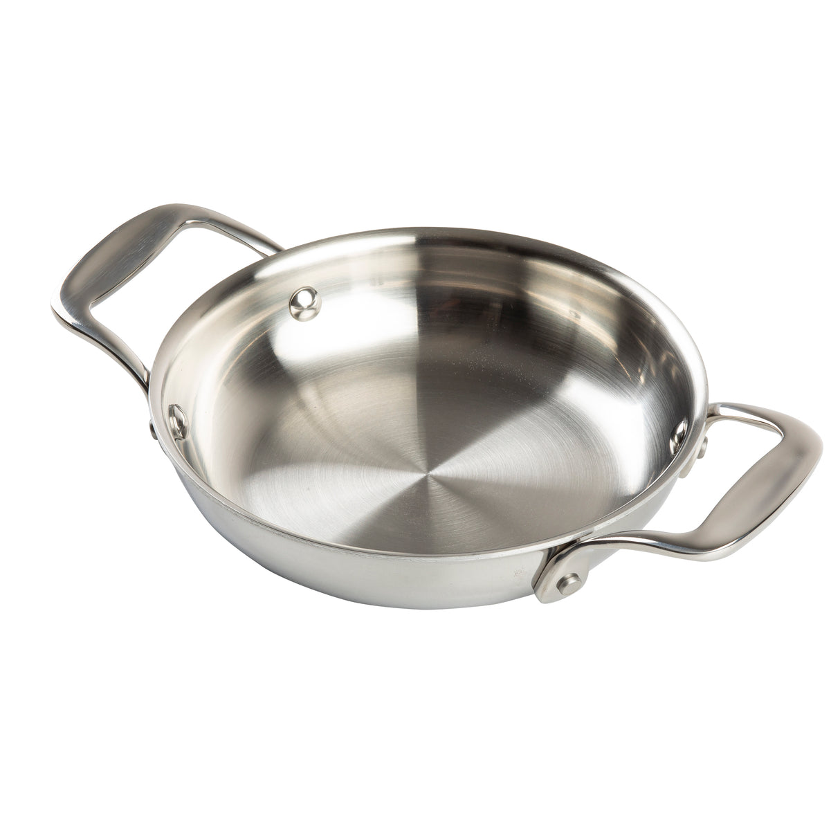A shiny, tri-ply casserole sauté pan with a wide, flat base and gently sloped sides. It has two sturdy, curved handles attached on opposite sides and sits on a plain white background, highlighting its polished stainless steel surface.