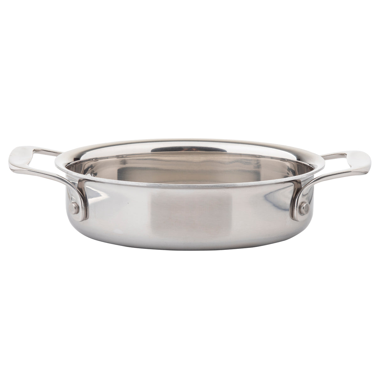 A stainless steel Induction Mini Casserole, round and shallow with two wide, curved handles. The polished, reflective pot is dishwasher safe and photographed against a plain white background.