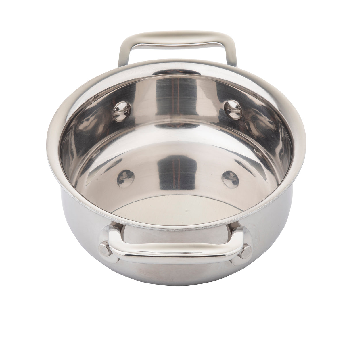 A shiny, empty stainless steel Induction Mini Casserole with two sturdy handles, viewed from above on a white background. The interior is clean and reflective, with visible rivets securing the oven safe handles.