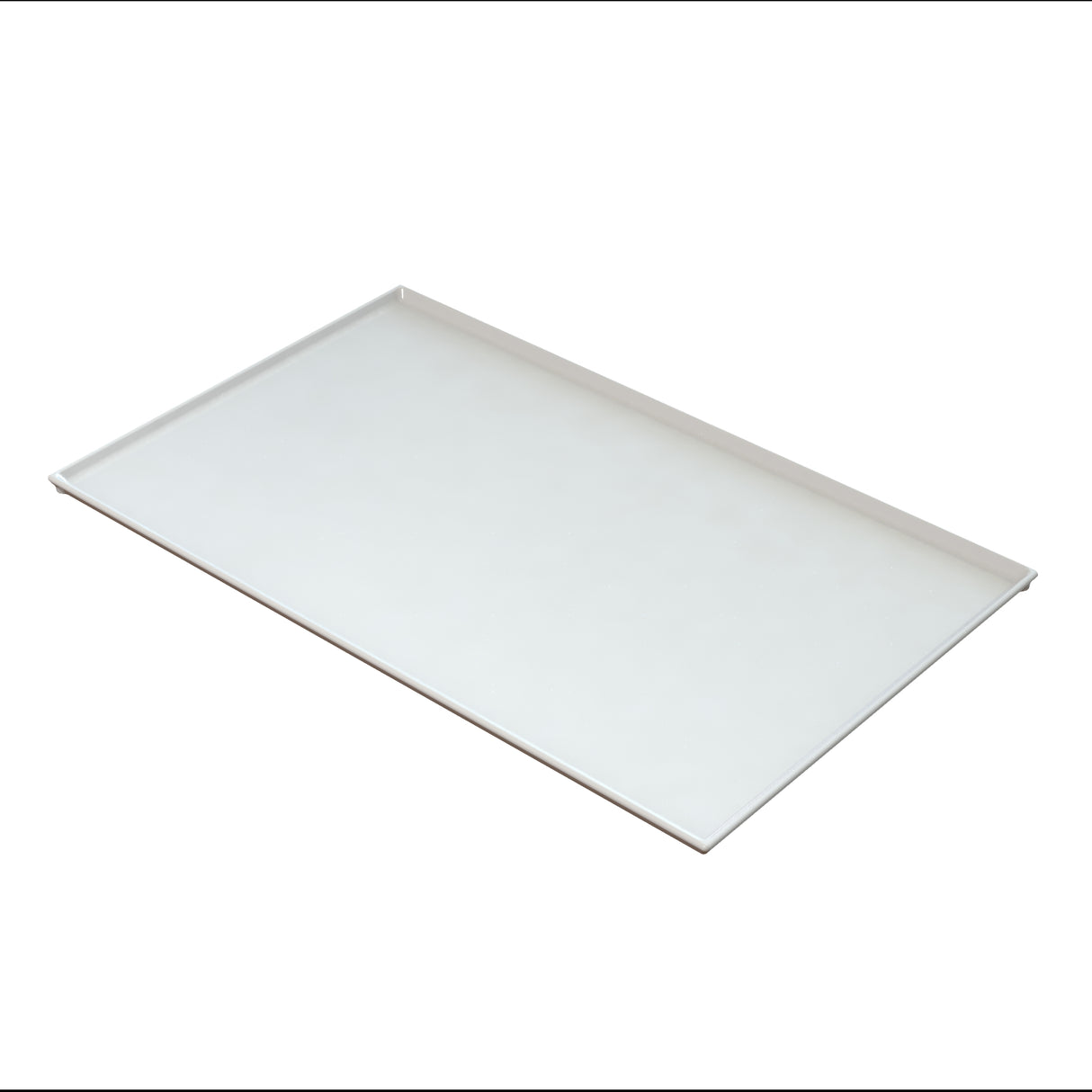 A rectangular, flat, white platter made of nylon coated cast aluminum with slightly raised edges is shown on a white background. The tray has clean lines, a smooth surface, and meets NSF standards, viewed at an angle from above.