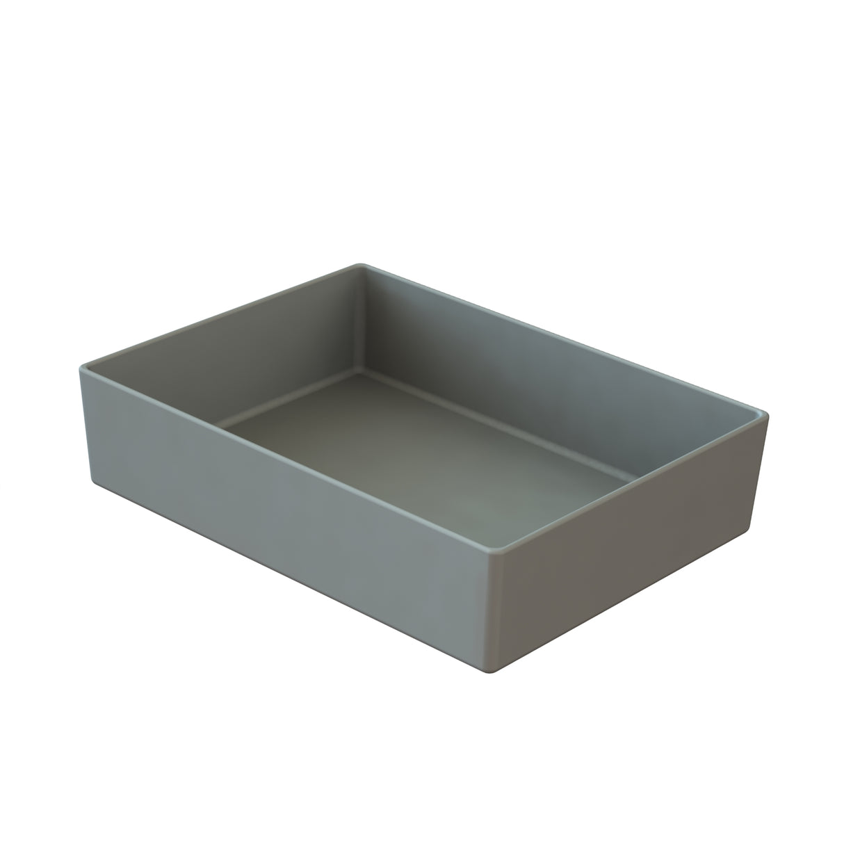 A plain, rectangular, gray plastic tray with straight sides and no handles, shown on a white background. This Simple Solutions Bowl features a smooth surface and appears empty.
