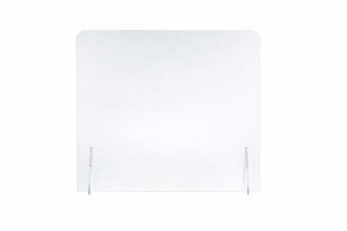 A portable countertop acrylic Safety Shield with rounded top corners and two supporting feet, set against a white background. Its smooth, transparent surface is designed to provide a protective barrier in public or office settings.