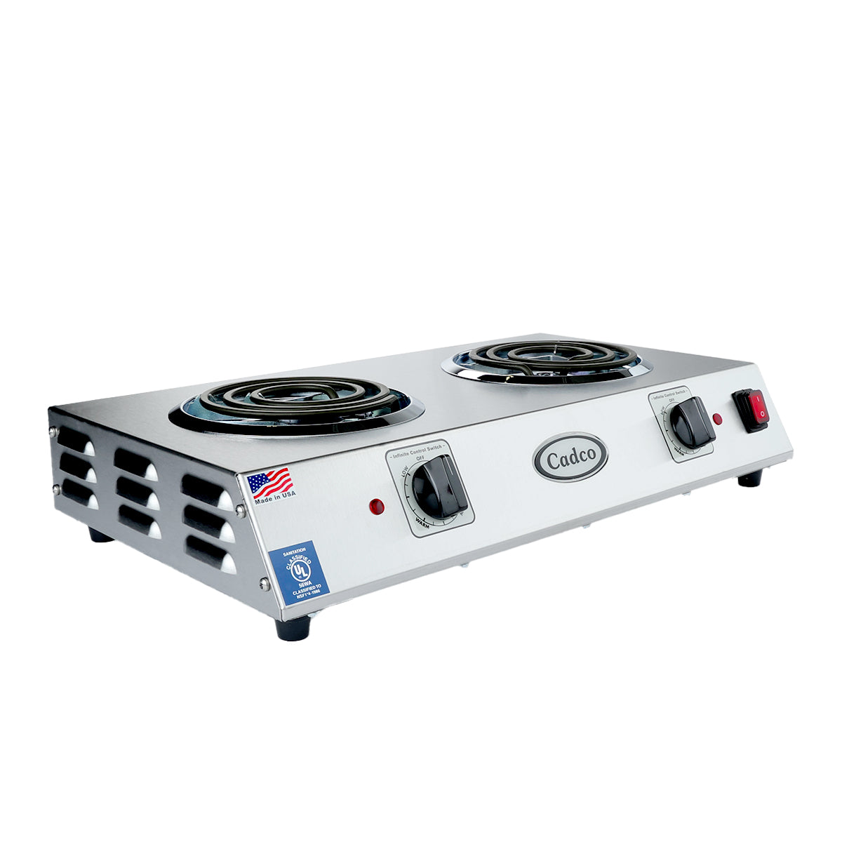 This portable double hot plate features stainless steel housing, two coil heating elements with individual control knobs, indicator lights, a central Cadco logo, side vents, a power switch, small legs for stability, and certification stickers.