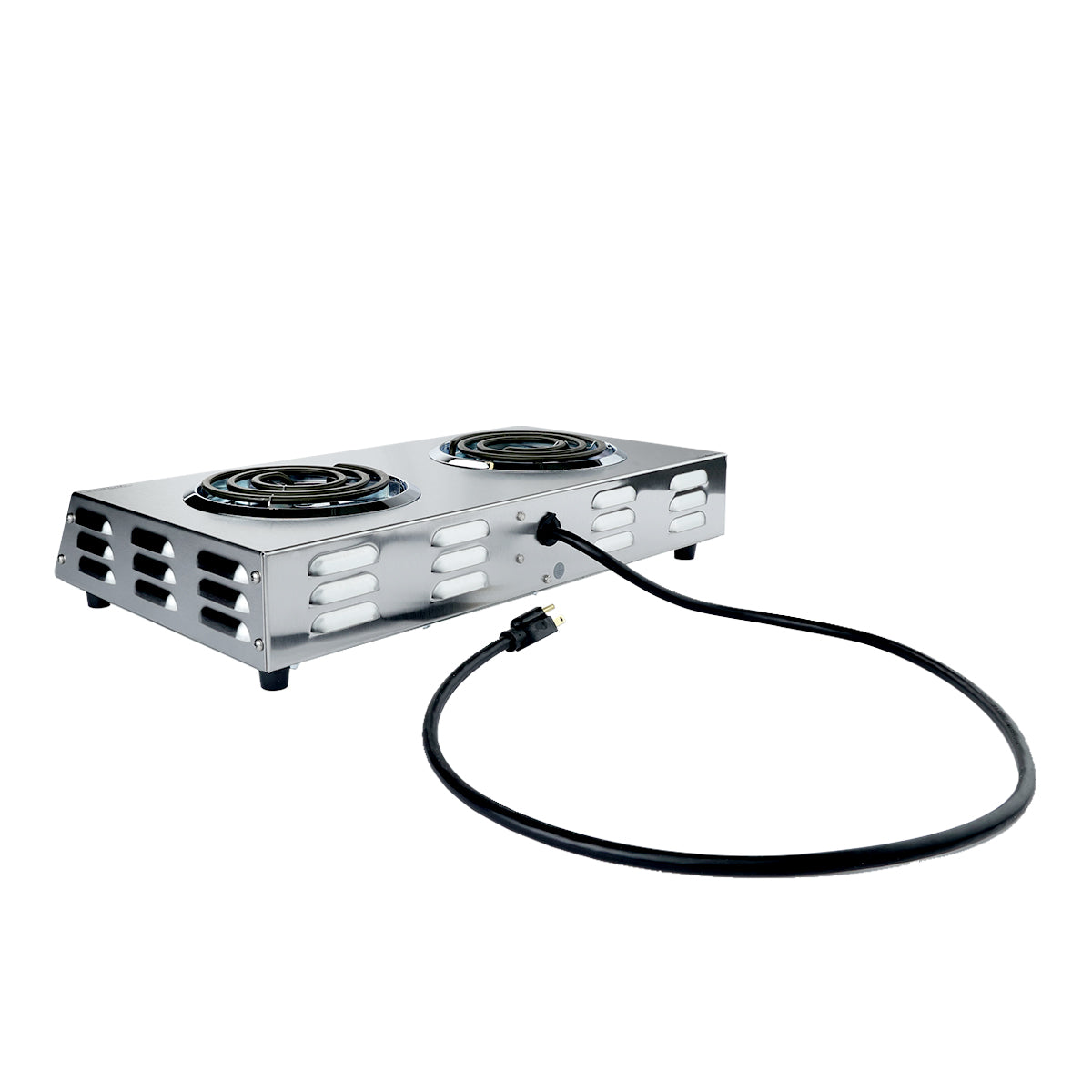 A portable double hot plate featuring two coil heating elements is housed in a metallic rectangular casing with ventilation slots on the sides. A long black power cord with a plug extends from the side toward the foreground.