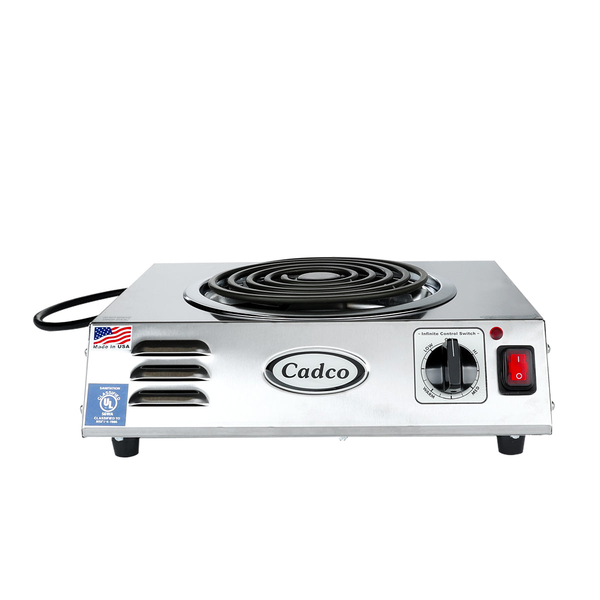 A stainless steel Cadco portable hot plate with a black electric coil, temperature control knob, power switch, indicator light, and two vent slots. USA flag and certification labels are on the front left; power cord extends from the back left.