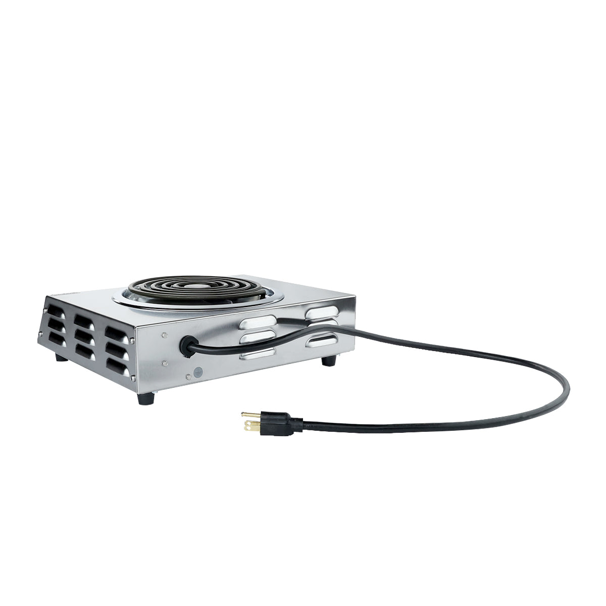 A portable hot plate featuring a single burner with a metal coil heating element, stainless steel body, four small feet, side vents, and a long black power cord with a three-prong plug, shown on a white background.