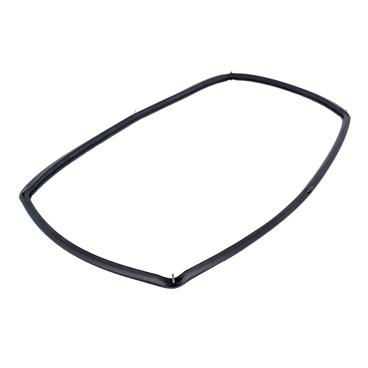 A black rubber Replacement Door Gasket is shown on a white background. Oval-shaped with slightly squared corners and a smooth surface, it’s designed to fit around the edge of a Cadco OV-013 or half size convection oven door for a secure seal.