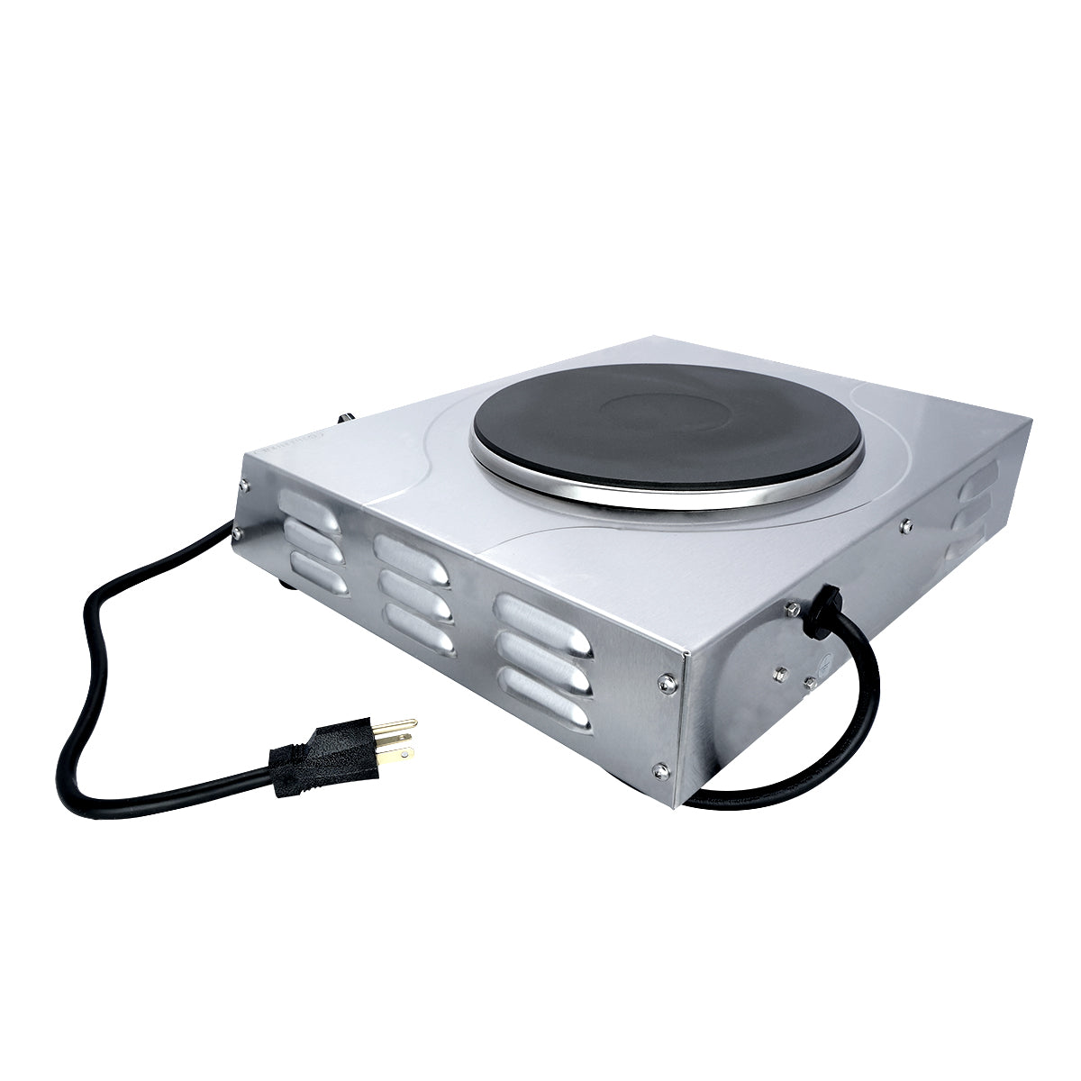 A portable hot plate with a black cast iron burner and silver metal body. The countertop electric burner features a black power cord with a three-prong plug attached on the side. It is set against a white background.