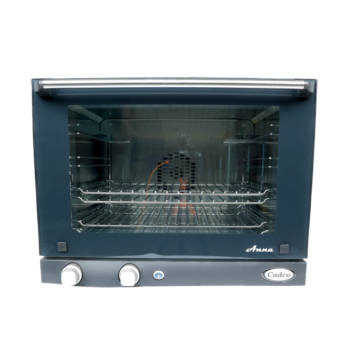 A black Cadco Anura half size countertop convection oven with a glass door, two metal racks inside, side heating elements, and two control knobs below the door. The oven sits on a plain white background.