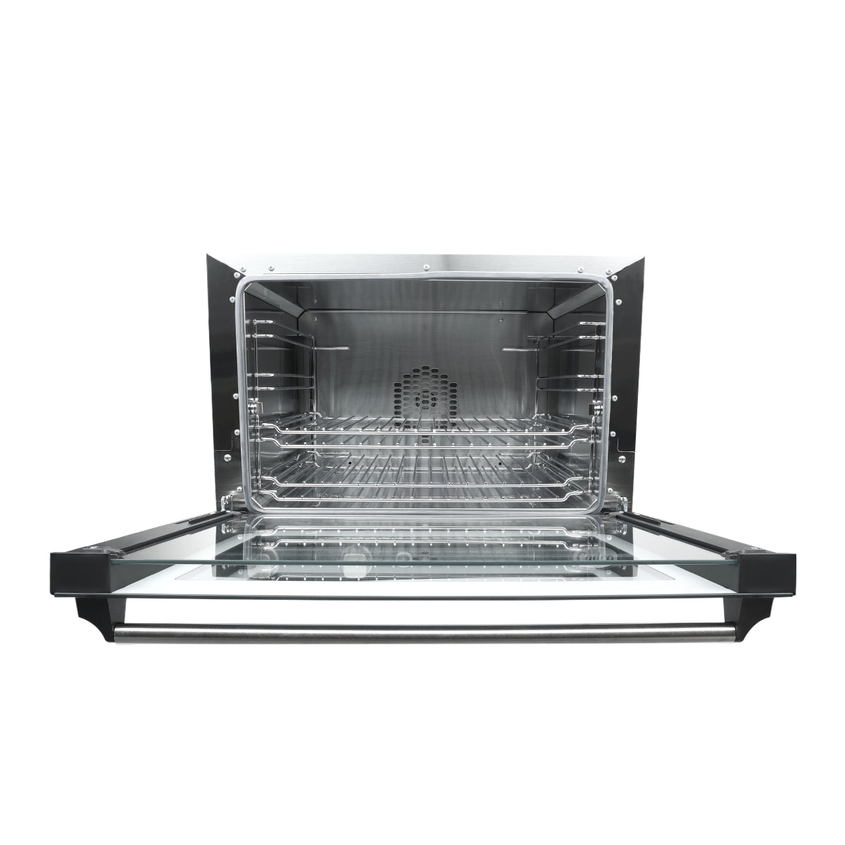 A stainless steel countertop convection oven is shown with its front door open. The interior features wire racks and a crumb tray. The glass door has a metal handle, and the half size design is both clean and modern.