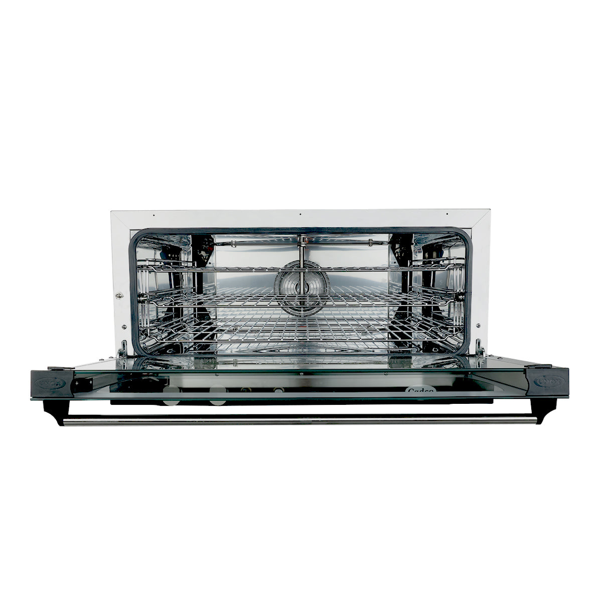 A stainless steel convection oven countertop with the door open, viewed from the front. The interior shows wire racks and a central rotisserie rod. Its reflective, metallic finish and full size control knobs are visible on either side of the open door.