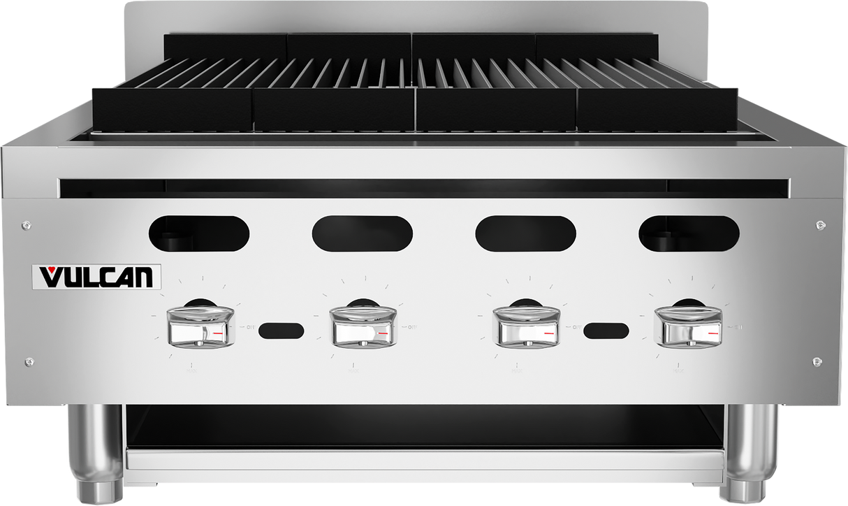 A commercial Vulcan countertop charbroiler with four control knobs, a black griddle surface, raised back panel, and sturdy legs, viewed from the front. The Vulcan logo is on the left side of this Achiever Charbroiler unit.