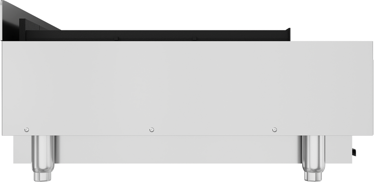 A side view of a modern Achiever Charbroiler countertop charbroiler with four cylindrical metal legs, a flat black top, and a smooth white front panel featuring three small screws. The background is plain and light gray.