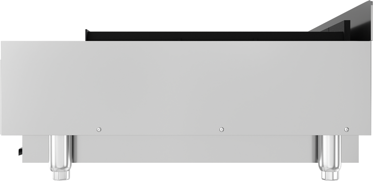 A stainless steel rectangular countertop charbroiler with four short cylindrical legs, flat front panel with three visible screws, and a raised black section at the back; viewed from the front on a plain white background.