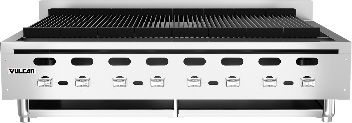 A large, commercial-grade stainless steel Vulcan charbroiler with six control knobs, a VULCAN logo on the left, black countertop charbroiler grates on top, and a backsplash. The lower section features a storage shelf or drip tray area.