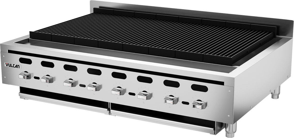 A large commercial Vulcan charbroiler with six control knobs, raised grill grates, and a vented backsplash. This sturdy countertop charbroiler features an angular design, with the Vulcan brand name visible on the front left corner.