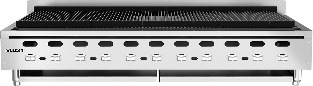 A large stainless steel commercial gas grill with eight control knobs, black grates on top, and ventilation holes along the front. Featuring cast iron burners for even heating, this countertop charbroiler is clean, sturdy, and designed for heavy-duty restaurant use.