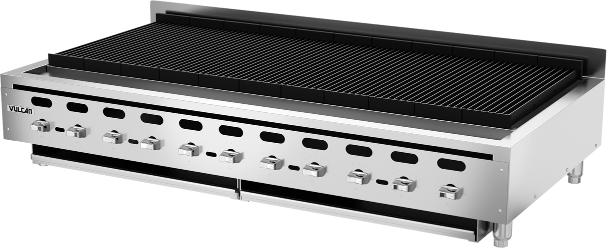 A large, stainless steel commercial grill with multiple control knobs, a wide cooking grate, raised back guard, and sturdy legs. Featuring robust cast iron burners, this countertop unit bears the Vulcan brand on the front left corner and is clean and unused.