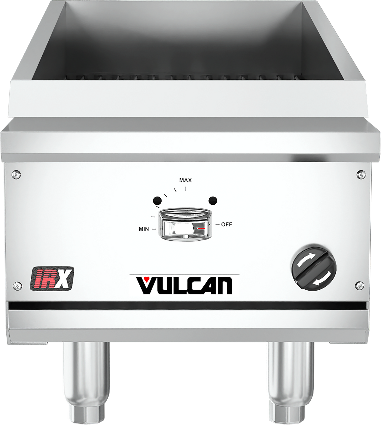 A stainless steel commercial griddle with a sloped splash guard, control knob, temperature dial, and Vulcan branding on the front. The clean, industrial design is complemented by durable stainless steel cooking grids and sturdy metal legs.