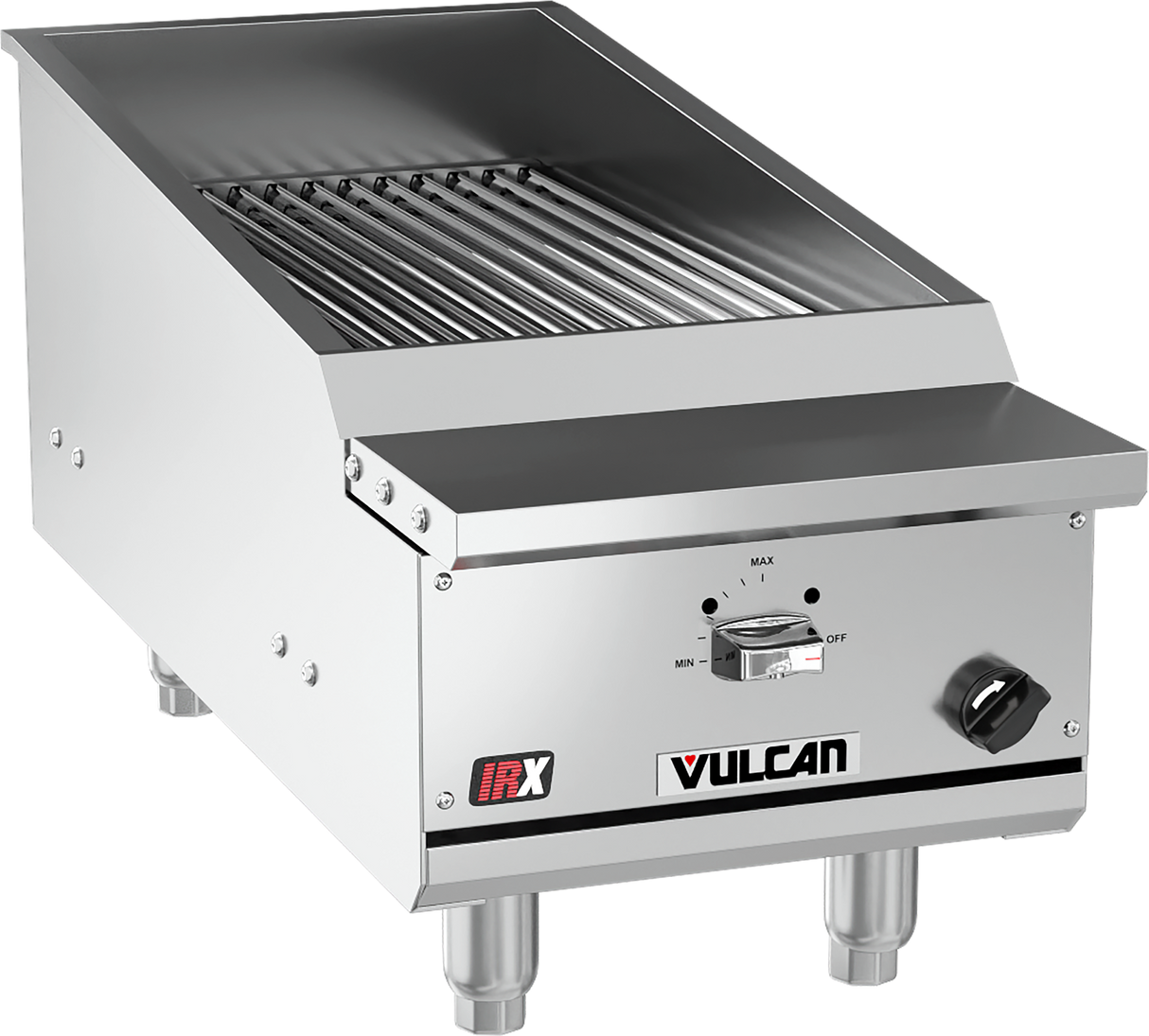A commercial Vulcan gas countertop charbroiler with stainless steel cooking grids, control knob, temperature dial, and logo on the front panel, standing on four sturdy legs—perfect for grilling in a professional kitchen.