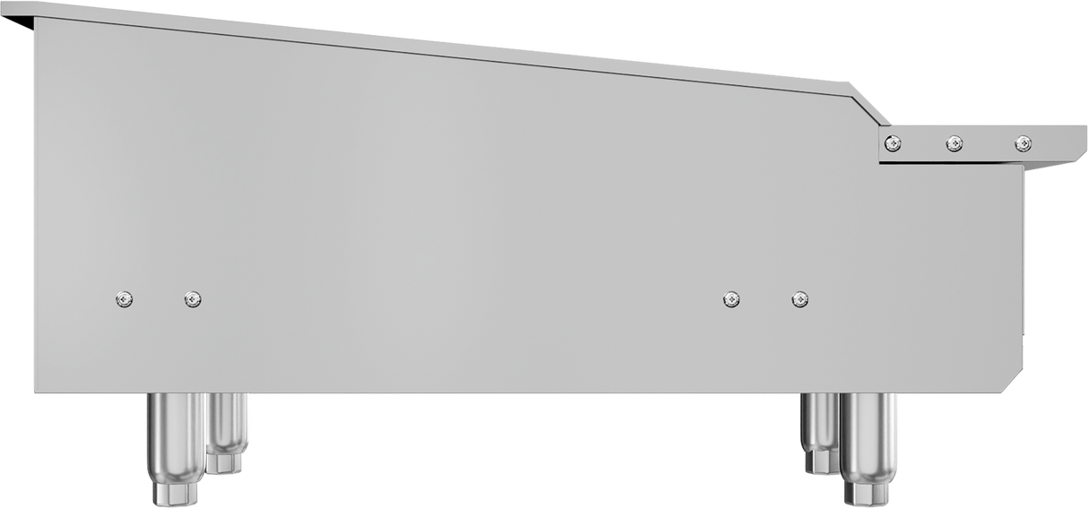 Side view of a stainless steel gas countertop charbroiler with four short cylindrical legs and an angled top. The surface features several visible screws and clean, flat panels, giving it a sleek, industrial appearance. The background is plain white.
