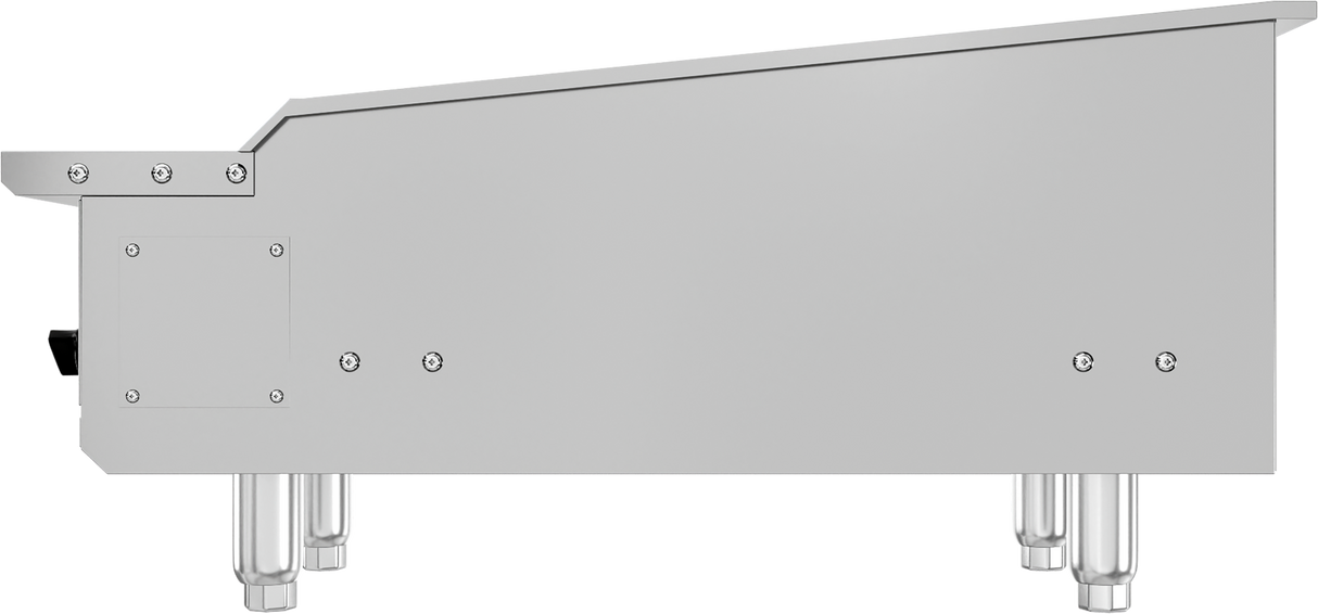 A side view of a silver, metallic industrial machine with a slanted top, stainless steel cooking grids, several visible screws, four cylindrical metal legs, and a rectangular panel with a black switch or knob on the left side. The background is plain white.