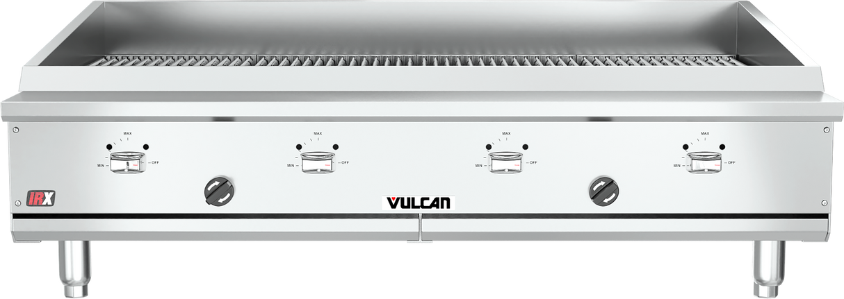 A commercial stainless steel Vulcan VTEC48 gas countertop charbroiler with four control knobs, a raised back and sides for splash protection, and sturdy legs. The IRX Infrared Charbroiler grates are ideal for professional kitchen use.
