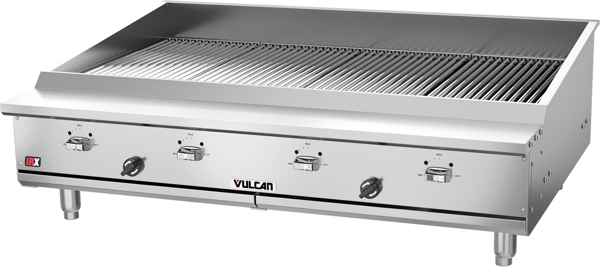 A large commercial gas countertop charbroiler with three front control knobs labeled Vulcan. The top features wide stainless steel cooking grids, and the unit rests on four short cylindrical legs. Its design is sleek and industrial.