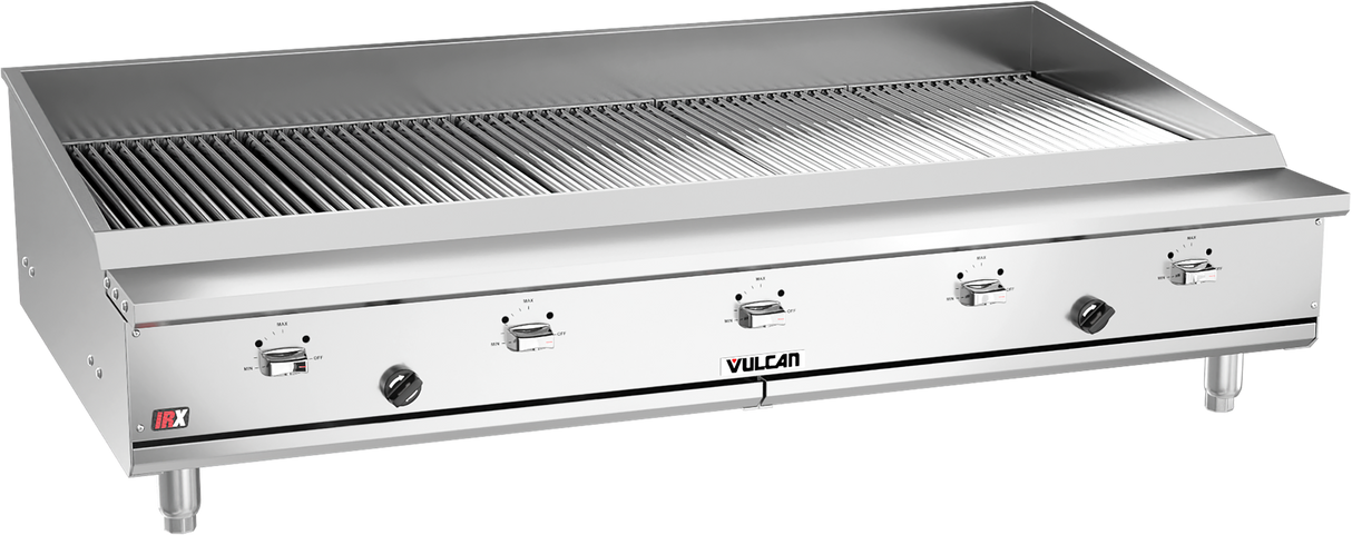 A large commercial stainless steel gas grill with four control knobs in front, labeled “Vulcan.” The grill, similar to the Vulcan VTEC60 infrared charbroiler, features a wide grate and raised sides for heat containment, set on sturdy metal legs with a sleek industrial design.