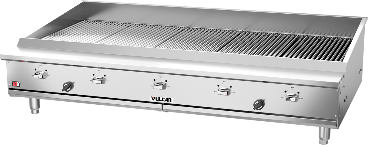 A large, stainless steel Vulcan VTEC60 gas countertop charbroiler with four control knobs, raised side and back panels, smooth lower front, and centered Vulcan label. Grates cover the top cooking surface for even grilling.
