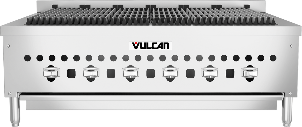 A stainless steel Vulcan countertop charbroiler gas range features six control knobs, black grates on top, and ventilation holes along the front panel. Cylindrical legs support the unit, with the Vulcan logo centered above the knobs.