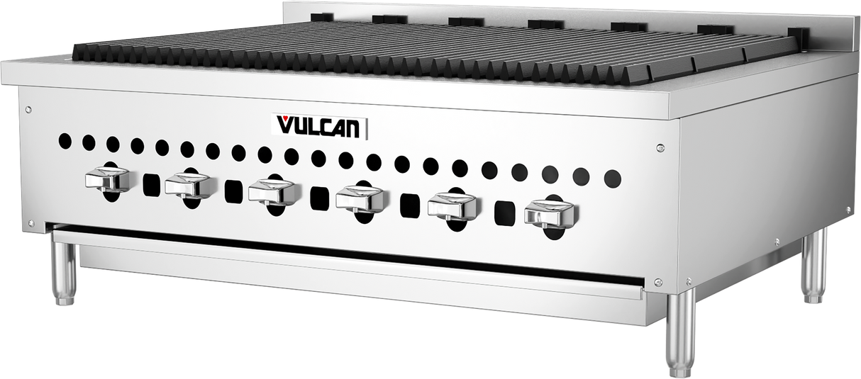 A commercial stainless steel Vulcan 36 inch countertop charbroiler with six control knobs, raised grill grates, vent holes above the knobs, and four sturdy metal legs, designed for restaurant kitchen use.