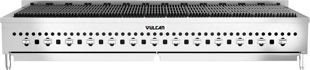 The Vulcan VCCB72 is a large commercial countertop charbroiler gas grill with twelve knobs, two drawers below, and a vented front panel. The full-size grill grate sits atop, with the Vulcan name centered on the front.