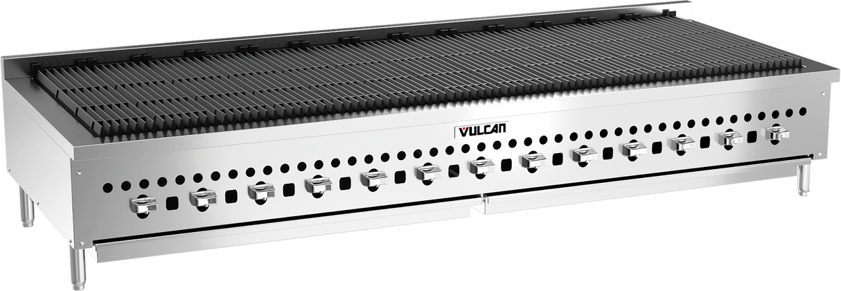 The Vulcan VCCB72 countertop charbroiler gas unit features multiple control knobs, sturdy legs, and durable black grill grates on a stainless steel body. “Vulcan” branding is clearly visible on the front panel.