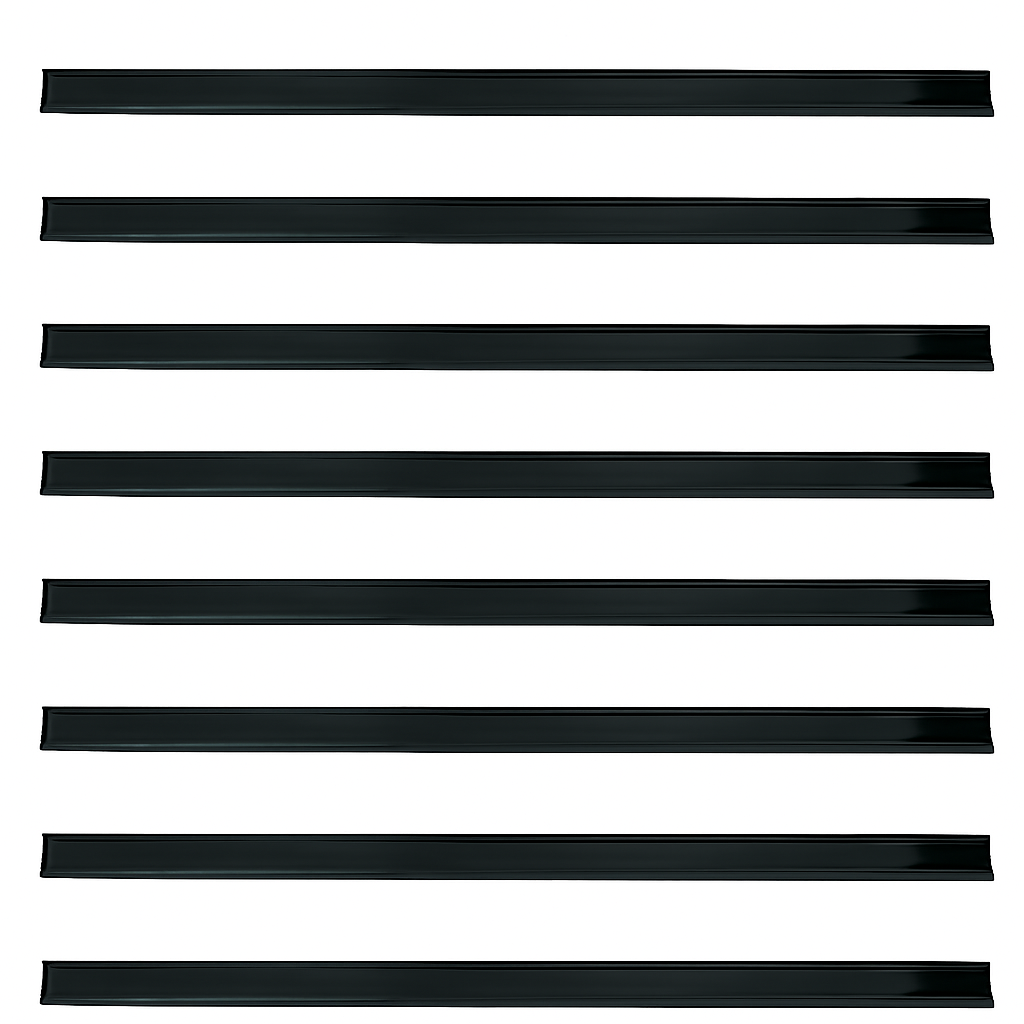 Eight evenly spaced, horizontal black bars—resembling the layout of an EGM-50B price tag set—are aligned parallel on a white background. Each bar is uniform in thickness and extends from the left to the right edge of the image.