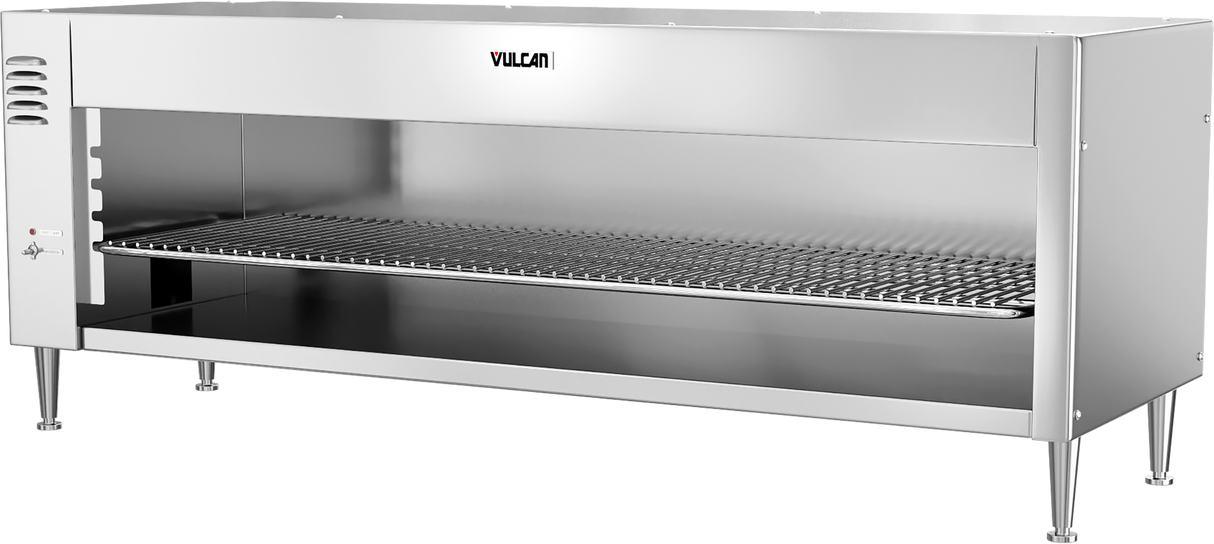 A large stainless steel commercial kitchen broiler by Vulcan with a grated cooking surface, four sturdy legs, and an open front. The appliance features a stainless steel exterior and is designed for heavy-duty food preparation with a reflective finish.