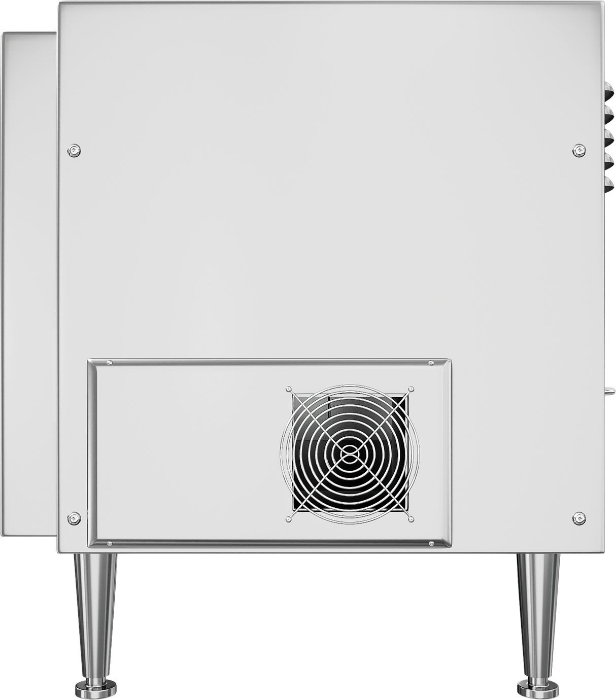 A stainless steel electric cheesemelter viewed from the side, featuring four tall, cylindrical legs and a square ventilation fan with a protective grille near the bottom. The surface is smooth with visible screws at the corners.