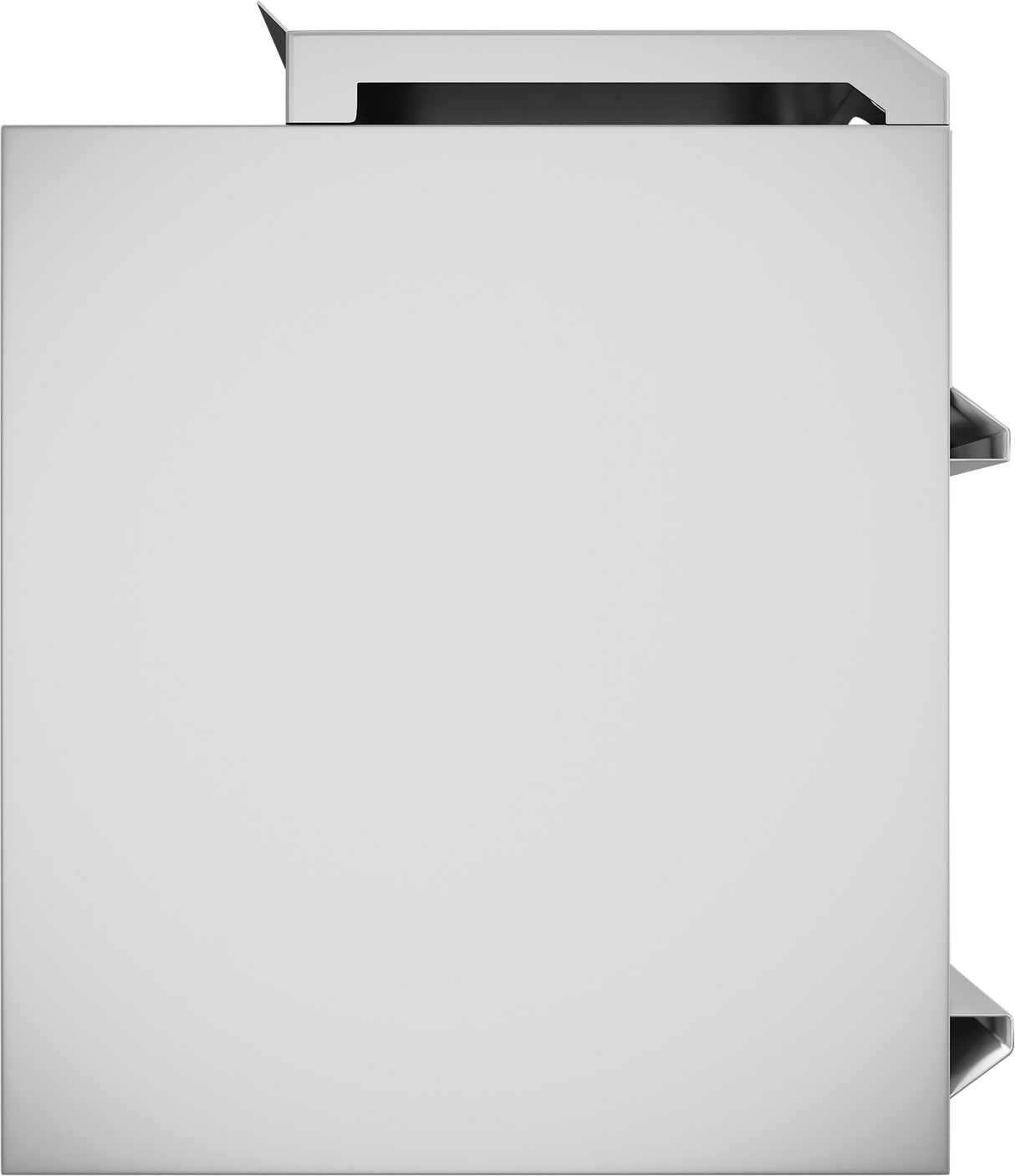 A modern, minimalistic square metallic box resembling a cheesemelter, with a flat front and angular protrusions at the top right and edges, set against a white background. Its industrial, geometric look features reflective silver-gray coloring.