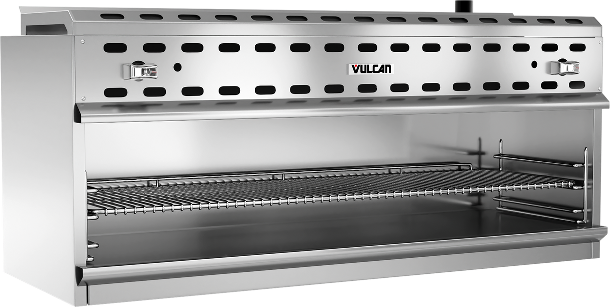 A large, stainless steel commercial broiler with adjustable grates, gas infrared burners, two control knobs on both sides, vented upper panel, and the Vulcan logo centered on the front. The open interior and heavy duty rack are ideal for high-capacity cooking.