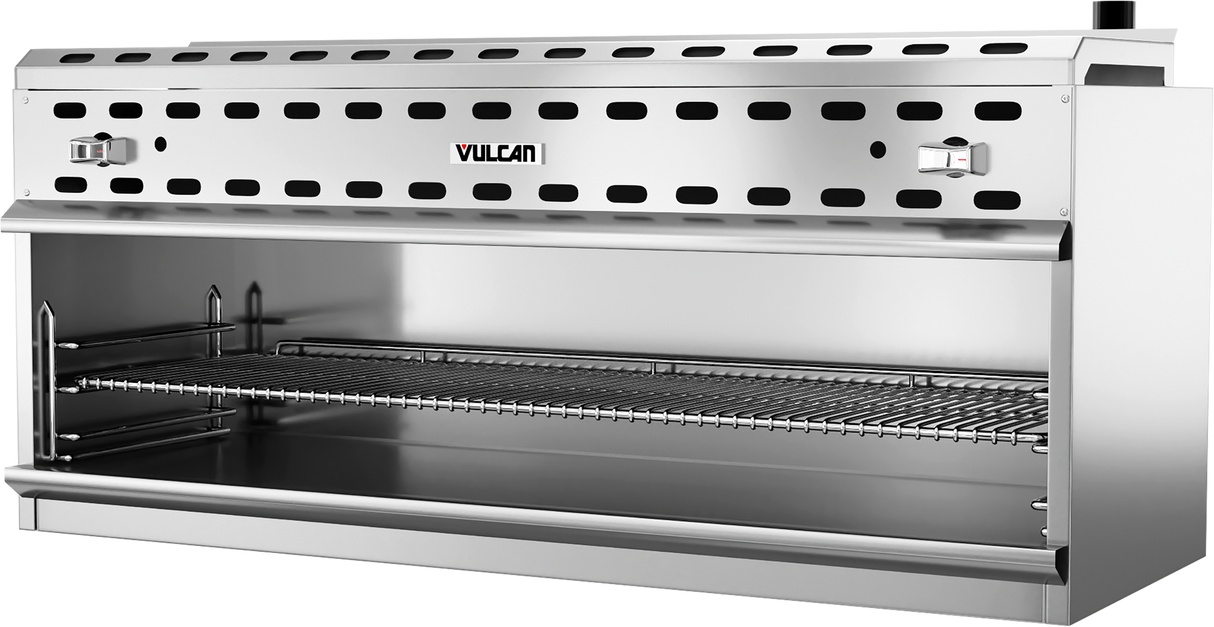 A large, stainless steel commercial broiler with a grated cooking rack, adjustable height levers on both sides, vent holes along the front, and the brand name Vulcan centered above the grill area. The broiler is clean and empty, ideal for use as a cheesemelter.