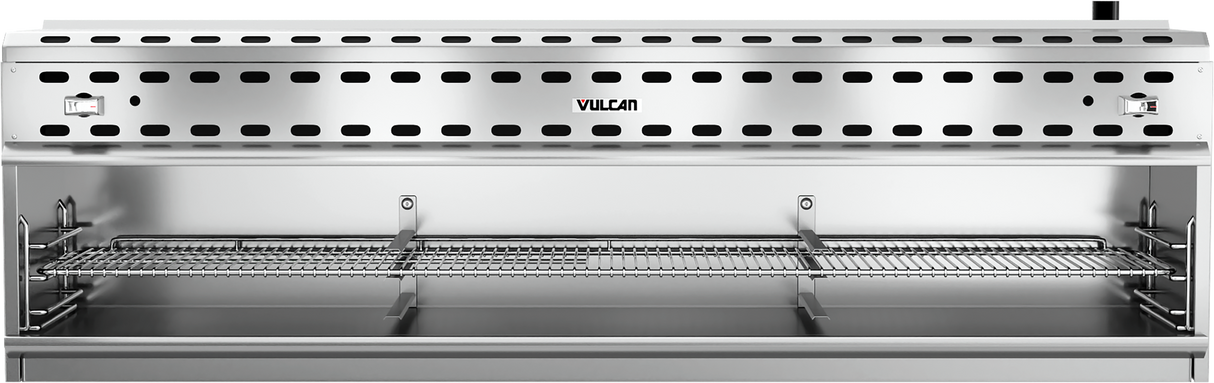 A stainless steel commercial kitchen salamander broiler with infrared burners, a large grilling rack, adjustable supports, and ventilation holes. The Vulcan logo is centered on the upper panel. The unit is clean and unused, viewed from the front.