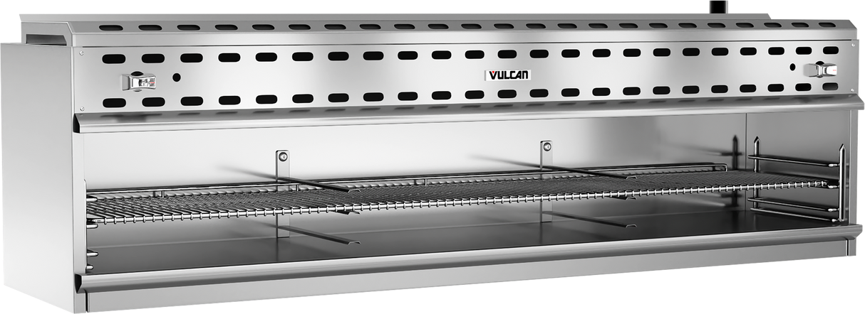 A large stainless steel commercial broiler with a vented top, control knobs on both sides, and grill racks inside. The Vulcan unit features sleek, industrial design and powerful infrared burners—ideal for any professional kitchen use.