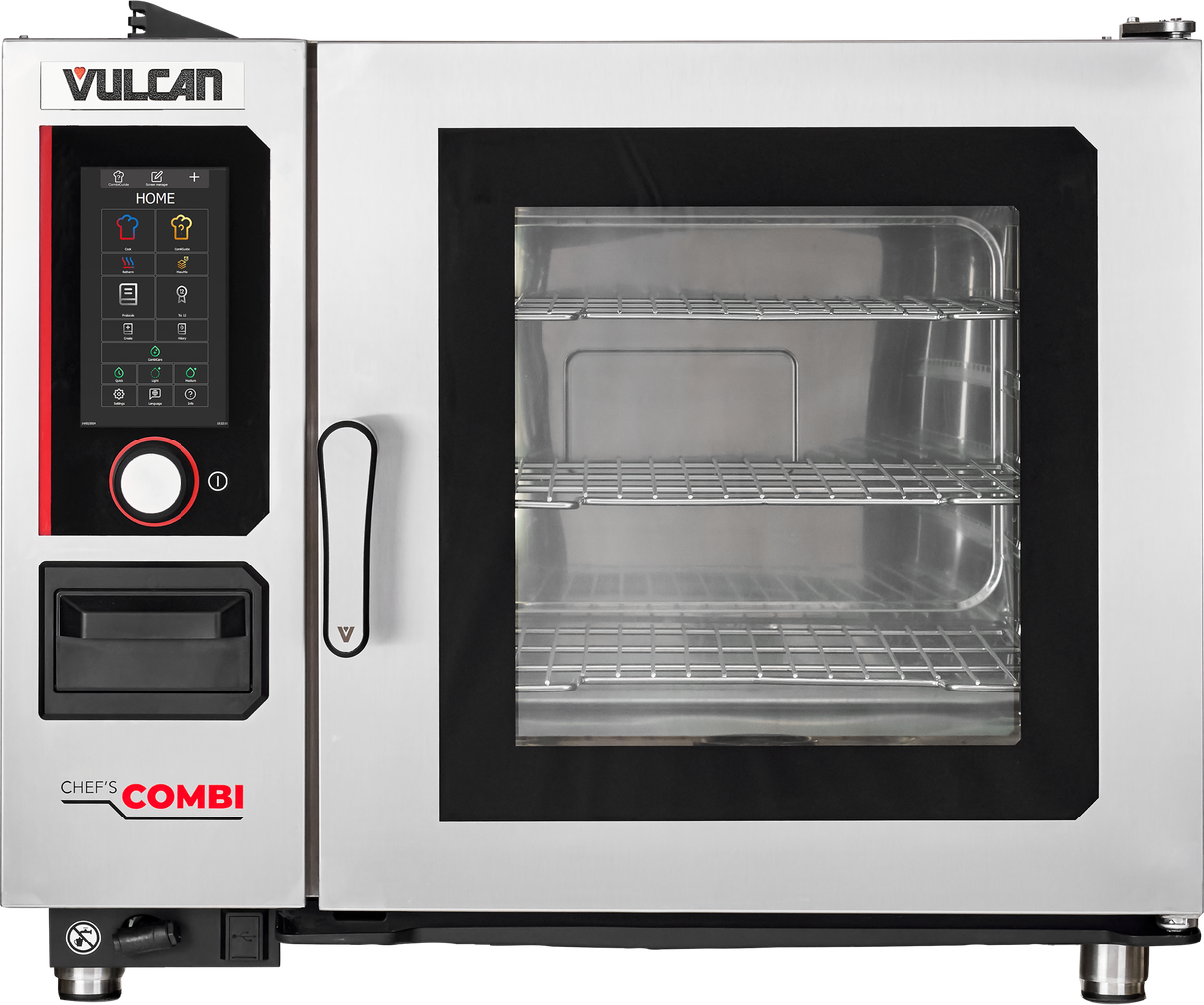 A stainless steel commercial combi oven with humidity control features, a digital touch control panel on the left, a black-bordered glass door revealing two wire racks inside, and labeled Vulcan and Chefs Combi on the front.