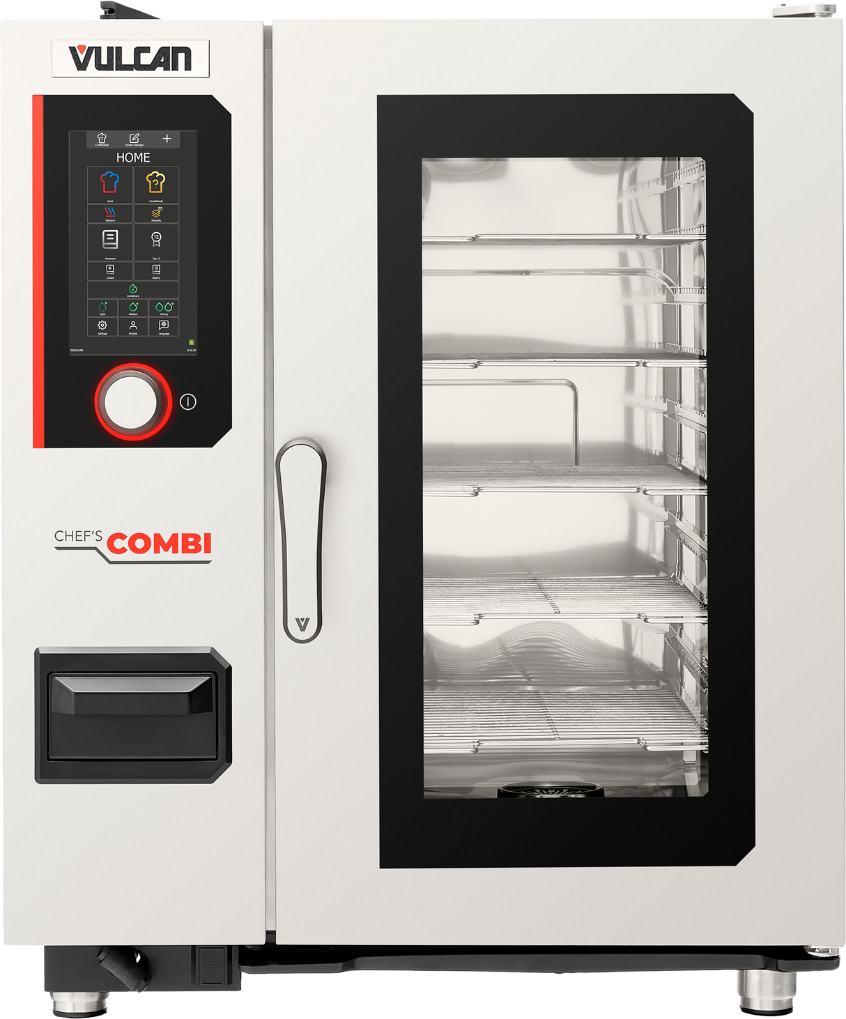 A stainless steel Vulcan Chef’s Combi oven with a glass door reveals four interior racks. This multifunctional cooking equipment features a black control panel, red rotary knob, and display screen for precise results.